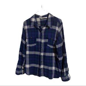 St John's Bay Women's Button Up XL Shirt Plaid Blues Roll Sleeves Cowboy Chic